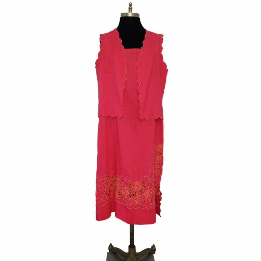Vtg 80s 2PC Embroidered Dark Melon Sack Dress M